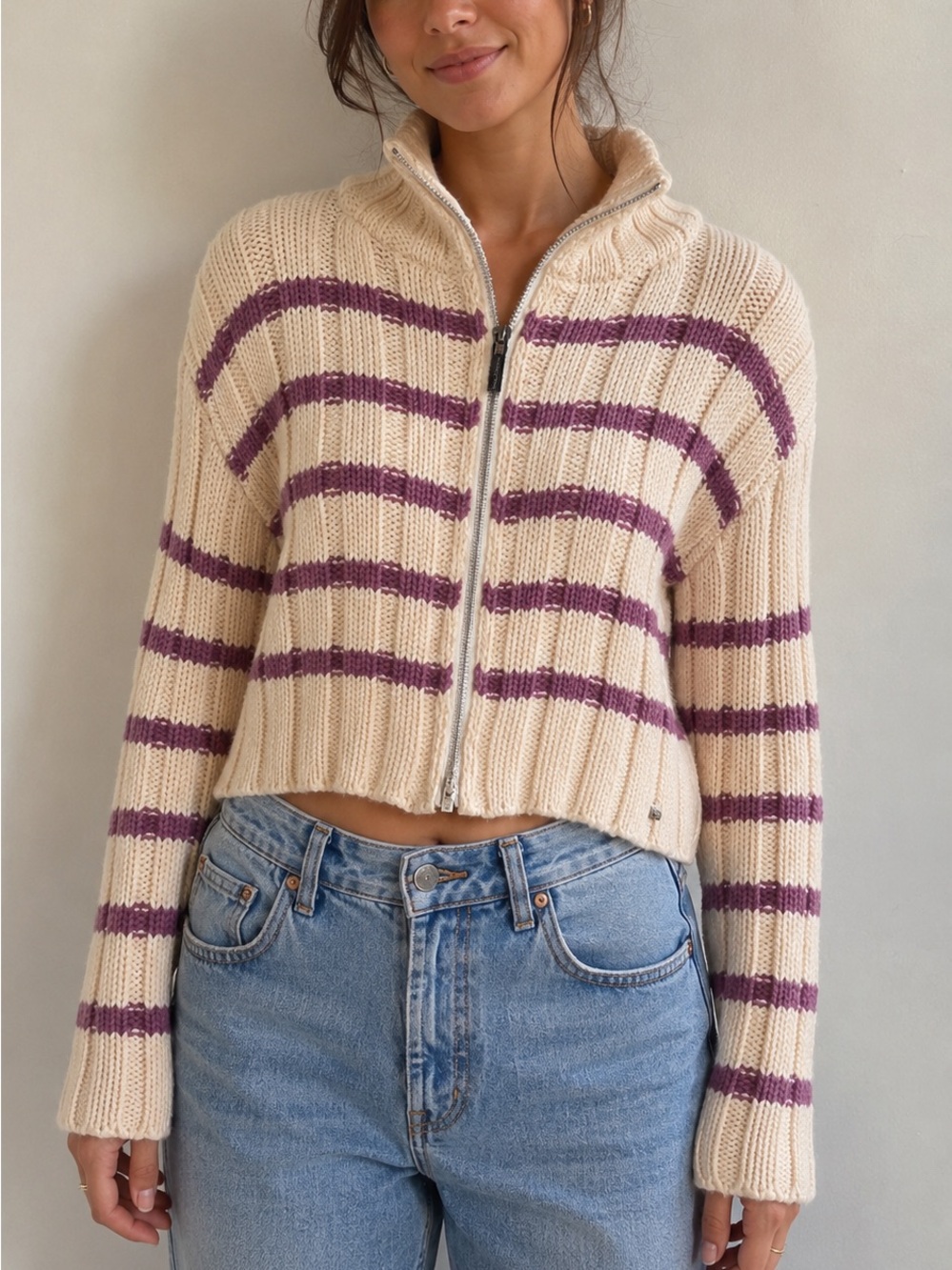 DKNY STRIPED-PATTERN CARDIGAN SWEATER